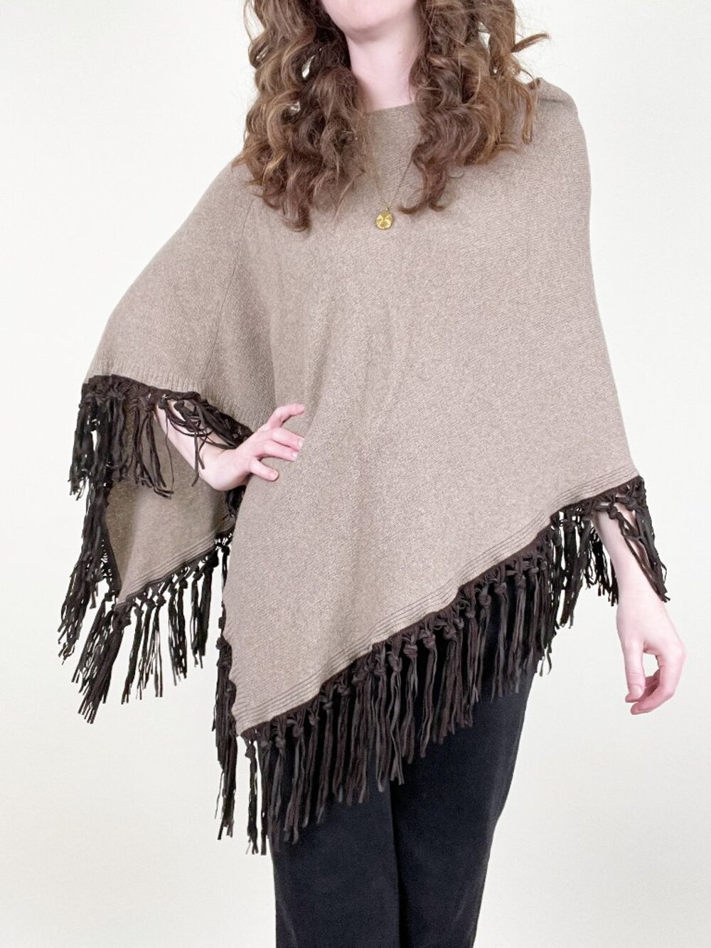 New Cashmere Wool Leather Fringe Poncho Sweater Western Boho Fall Cozy Bohemian